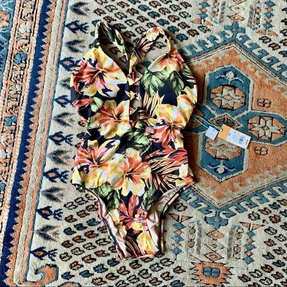 Kona Sol Floral Tropical Strappy Front One Piece - Picture 1 of 3